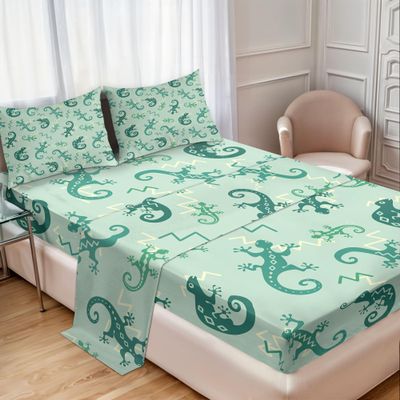 Ambesonne Reptile Sheet Set, Exotic Lizards Chameleons Leaping Illustration Nature Reptiles, Fitted and Flat Sheet with Pillowcases Bedding Accent 4 Piece Set, Queen, Green Mint
