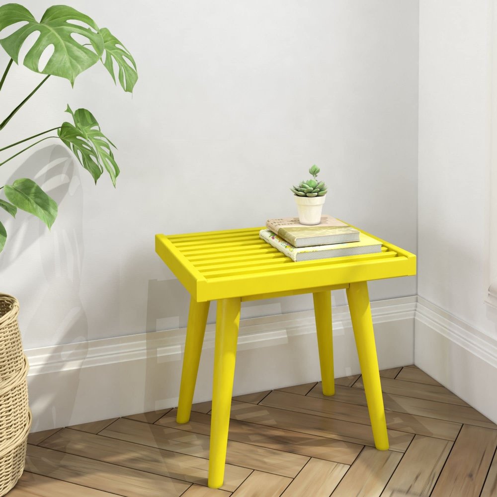 Plank+Beam Entryway Bench, Wooden End of Bed Bench for Bedroom, Mid-Century Modern Square Bench for Hallway, Living Room, Indoor, Porch, 19, Yellow