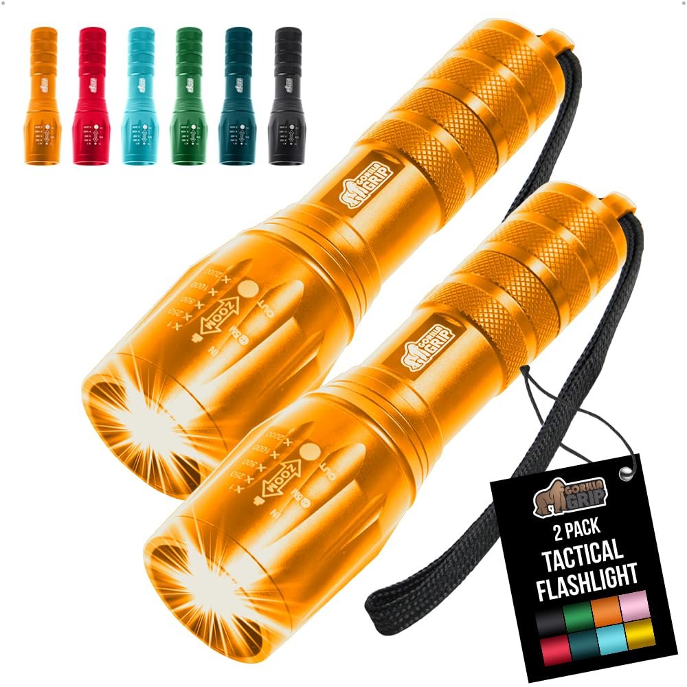GORILLA GRIP Powerful LED Handheld Tactical Flashlight, 2 Pack, Gold