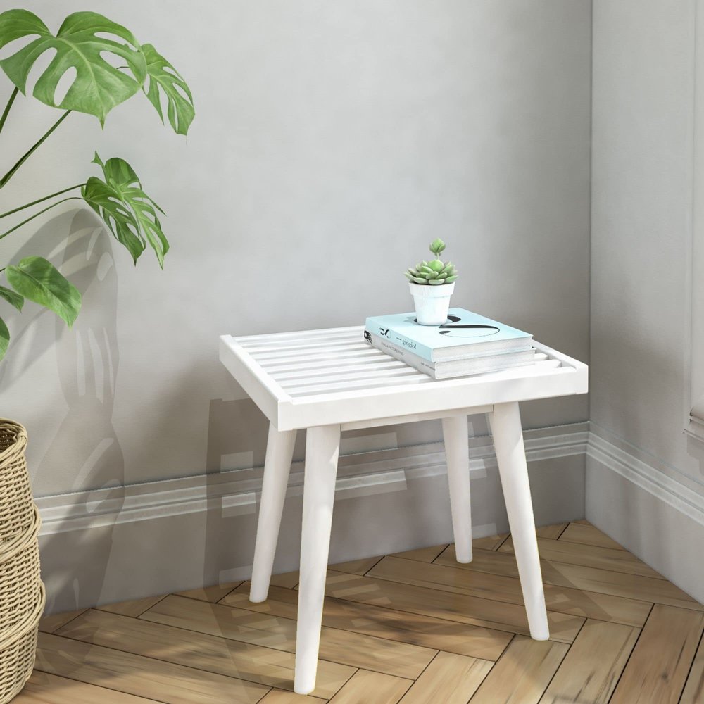 Plank+Beam Entryway Bench, Wooden End of Bed Bench for Bedroom, Mid-Century Modern Square Bench for Hallway, Living Room, Indoor, Porch, 19, White