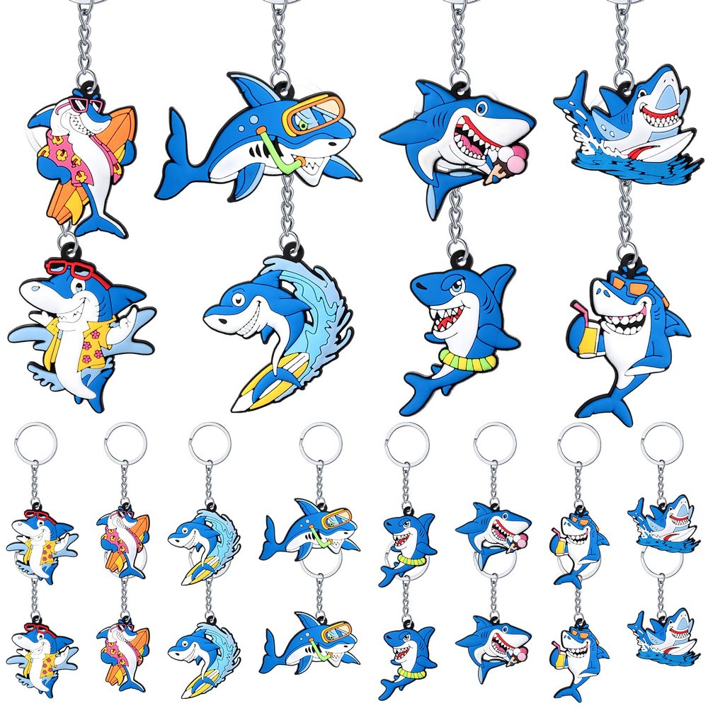 MTLEE 24 Pcs Shark Keychains Bulk Cute Shark Key Ring for Backpacks Under The Sea Party Favors Summer Ocean Sea Birthday Party Supplies Decorations Kids School Prizes Rewards Set Gifts 8 Style