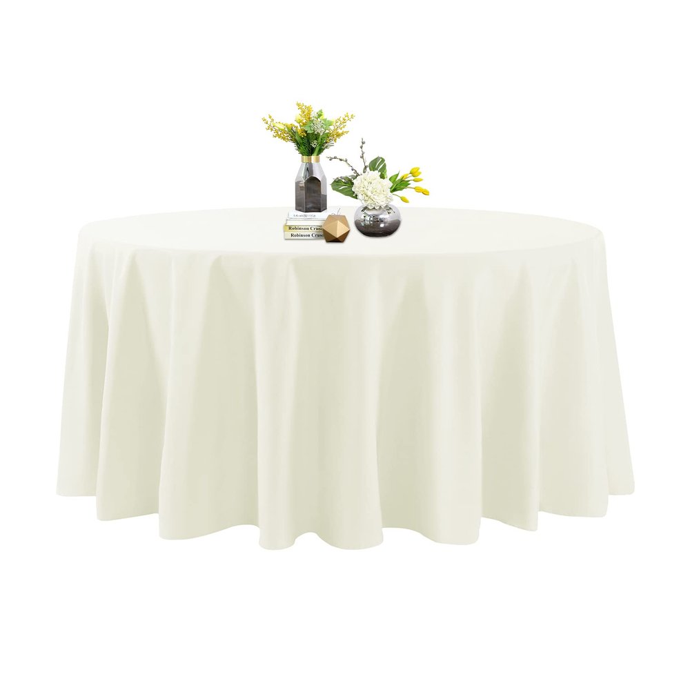 120 Inch Stain and Wrinkle Resistant Washable Polyester Table Cloth, Decorative Table Cloth for Dining Table, Buffet Parties and Wedding, Ivory