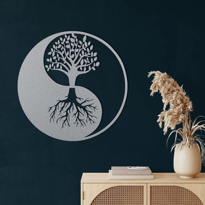 DEKADRON Metal Wall Decor, Tree Of Life Ying Yang, Home Living Room Decor, Wall Sign, Metal Wall Art, Interior Decoration, Indoor Outdoor Hangings, Silver (90x90cm)