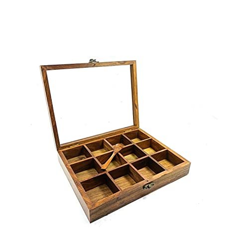 Ark Wood Art international Wooden Spice Box | Masala Box | Dry Fruit Container | Medicine Storage Box Handcrafted with Indian Rosewood Containing 12 Non-Detachable Containers for gift