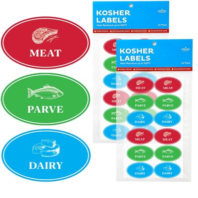 Assorted Kosher Labels, (48 Pack) 16 Blue Dairy, 16 Red Meat, 16 Green Parve Stickers, Oven Proof up to 500, Freezable, Microwavable, Dishwasher Safe, English, Color Coded Tools (48-Pack)