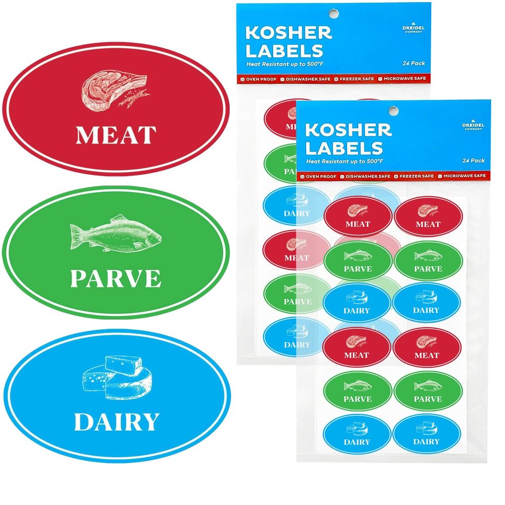 Assorted Kosher Labels, (48 Pack) 16 Blue Dairy, 16 Red Meat, 16 Green Parve Stickers, Oven Proof up to 500, Freezable, Microwavable, Dishwasher Safe, English, Color Coded Tools (48-Pack)
