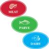 Assorted Kosher Labels, (48 Pack) 16 Blue Dairy, 16 Red Meat, 16 Green Parve Stickers, Oven Proof up to 500, Freezable, Microwavable, Dishwasher Safe, English, Color Coded Tools (48-Pack) view 2