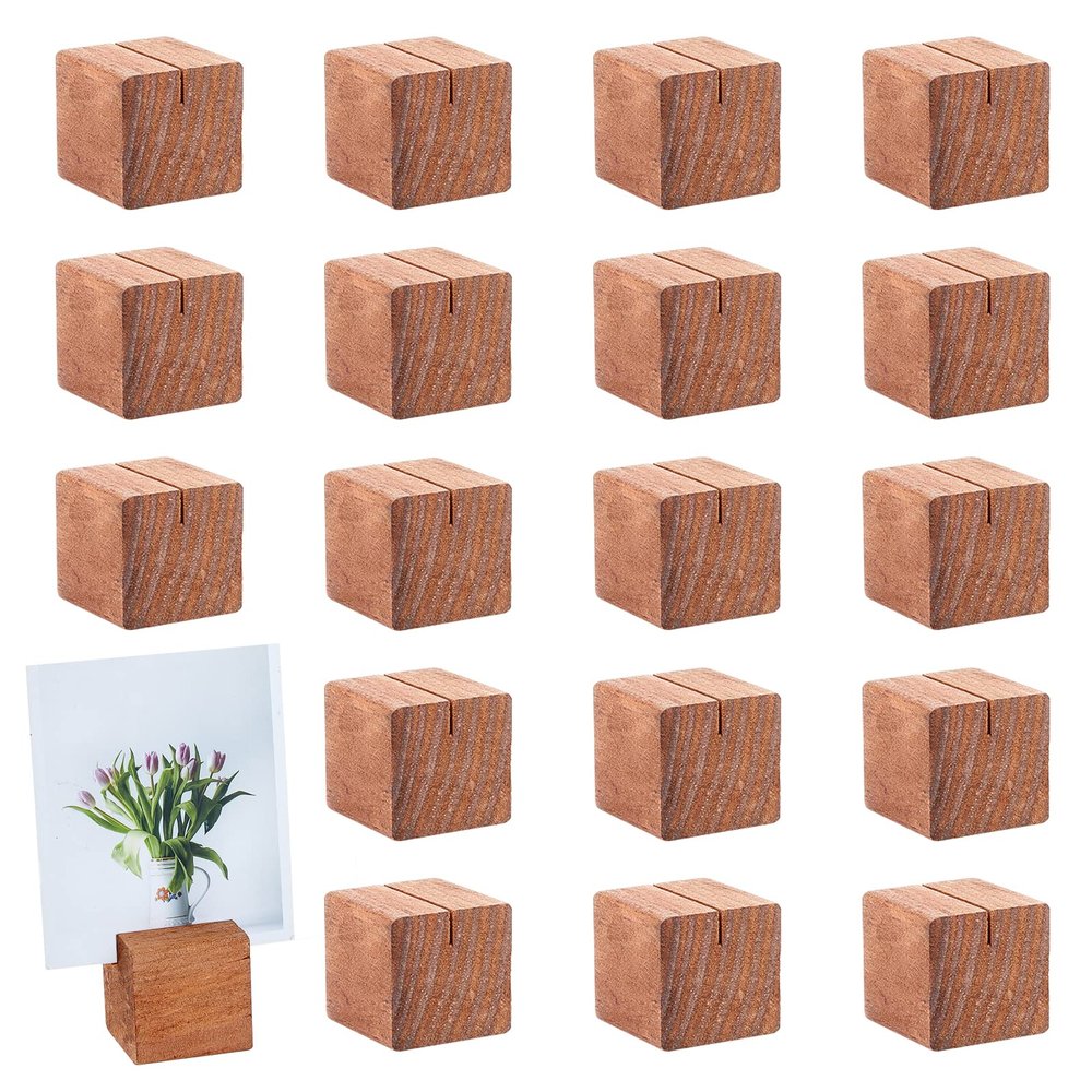 OLYCRAFT 20 Pcs Wood Place Card Holders Pine Wood Table Number Stands Saddle Brown Square Table Sign Stands for Wedding Dinner Home Party Events Decoration - 14.2g/pc