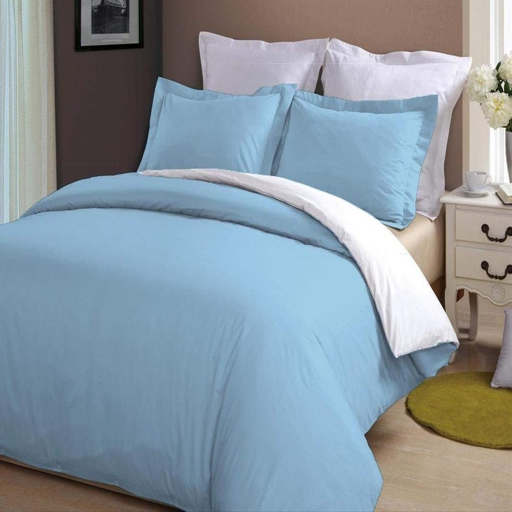 100% Cotton 600 Thread Count 3 Piece Reversible Duvet Set, 1 Piece Reversible Duvet Cover With Zipper Closure & Corner Ties And 2 Pillow Cover (King/California King Size, White/Light Blue)