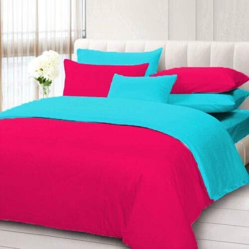 100% Cotton 600 Thread Count 3 Piece Reversible Duvet Set, 1 Piece Reversible Duvet Cover With Zipper Closure & Corner Ties And 2 Pillow Cover (King/California King Size, Hot Pink/Turquoise)