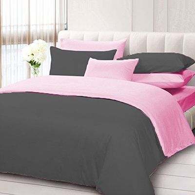 100% Cotton 600 Thread Count 3 Piece Reversible Duvet Set, 1 Piece Reversible Duvet Cover With Zipper Closure & Corner Ties And 2 Pillow Cover (King/California King Size, Dark Grey/Pink)