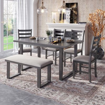 6 Pieces Dining Table Set, Wood Rrectangle Table and 4 Chairs with Bench with Cushion, Dining Room Set, Kitchen Table Set for 6 Persons, Gray