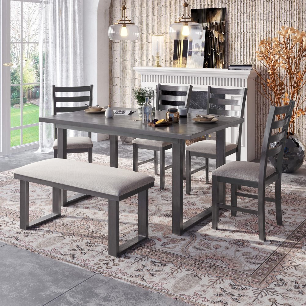 6 Pieces Dining Table Set, Wood Rrectangle Table and 4 Chairs with Bench with Cushion, Dining Room Set, Kitchen Table Set for 6 Persons, Gray