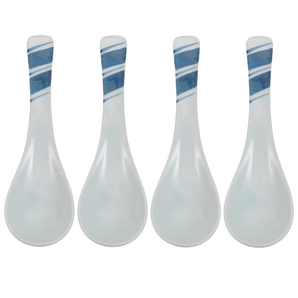 Cabilock 4pcs Japanese Ceramic Spoons Multipurpose Soup and Rice Spoons for Home Kitchen and Restaurant Use Stylish Striped Design for Serving Porridge and Ramen