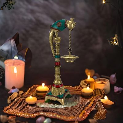 LOVENSPIRE Brass Parrot Wall Hanging Diya with Chain Annam Hanging Idol Oil Lamp Diya for Home Temple Mandir Office Diwali Decor Kathu Vilakku Puja Diya - Deepawali Housewarming Return Gift