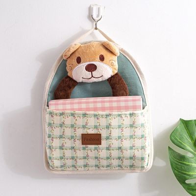 Wall Hanging Storage Bag Cute Bear Wall Mounted Storage Bag Over The Door Storage Pockets Cotton Linen Fabric Wall Mounted Pocket Single Bag, 4 Colors Hanging Pocket Organizer (Color : Green)