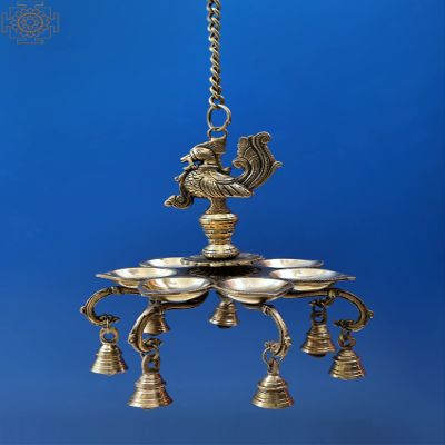 Exotic India 9" Brass Peacock Hanging Diya with Bells | Handmade - Brass