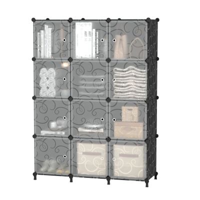 AWTATOS 12 Cube Storage Organizer with Doors, DIY Plastic Closet Shelf, Modular Bookshelf, Stackable Shelving Rack for Bedroom, Living Room, Black ULPZ012