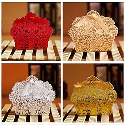 Crysdaralovebi Laser Cut Hollow Chocolate Candy Box Wedding Favors Packaging Gifts Box with Ribbons Baby Shower Party Decoration Supplies (Mixed Colors,50pcs)