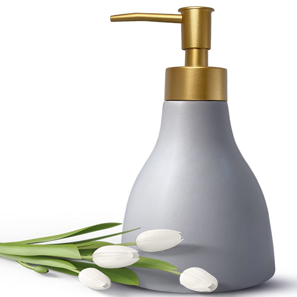 280ml Liquid Soap Dispenser for Bathroom with Gold PumpDish Soap Dispenser for KitchenRefillable Countertop Lotion Ceramics Gray Hand Soap Dispenser for Shower