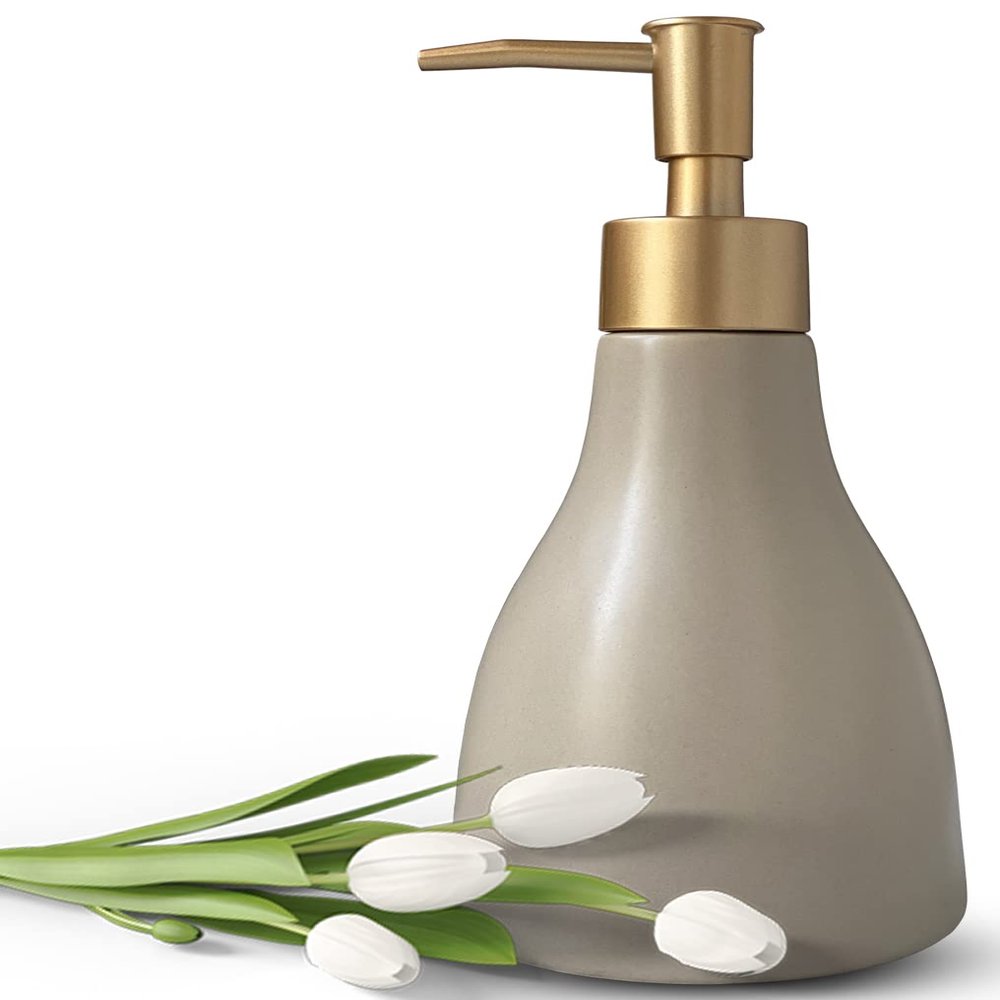 280ml Liquid Soap Dispenser for Bathroom with Gold PumpDish Soap Dispenser for KitchenRefillable Countertop Lotion Ceramics Khaki Hand Soap Dispenser for Shower