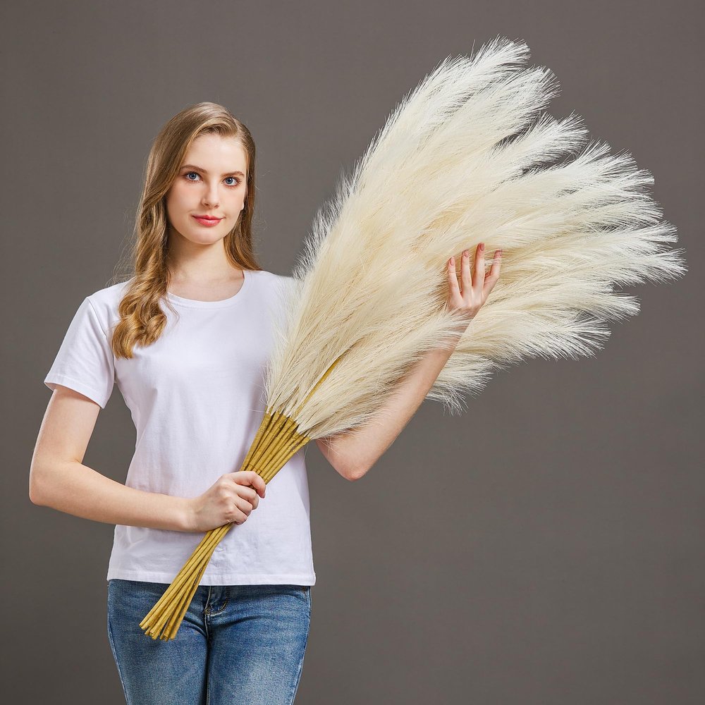 7 Pcs 45" Faux Pampas Grass  Fluffy Artificial Pompous Grass for Tall Floor Vase, Non-Shedding Home Decor, Boho Wedding Flowers, Baby Shower Centerpieces, Bedroom & Living Room Decor (Beige)