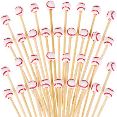 100 Pieces Bamboo Cocktail Picks 4.7 Inch Fruit Toothpicks Sports Ball End Cocktail Skewers Wooden Decorative Cocktail Picks for Appertizes, Fruit, Food, Sport Party Favors (Baseball)