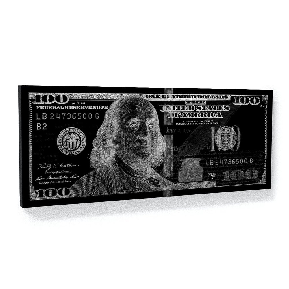 100 Bill Silver Canvas Art - Money Benjamin Franklin Hundred Cash Home Decor Print Poster Painting Small 20x8" / 0.75" | Sense Canvas