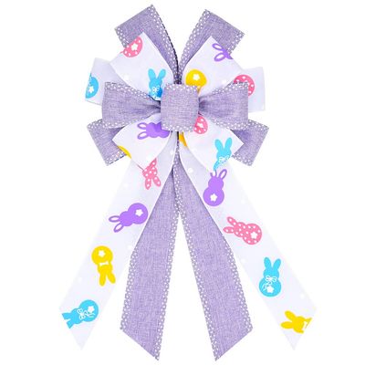 Easter Wreath Bows, Purple White Easter Rabbits Pattern Spots Burlap Bows for Wreaths - Easter Burlap Tree Topper Bows for Holiday Front Door Wreath Decorations Indoor Outdoor