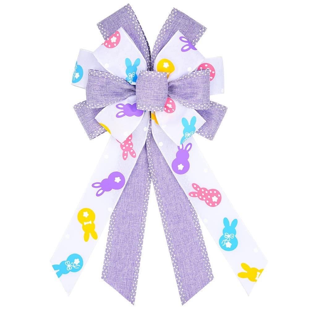 Easter Wreath Bows, Purple White Easter Rabbits Pattern Spots Burlap Bows for Wreaths - Easter Burlap Tree Topper Bows for Holiday Front Door Wreath Decorations Indoor Outdoor