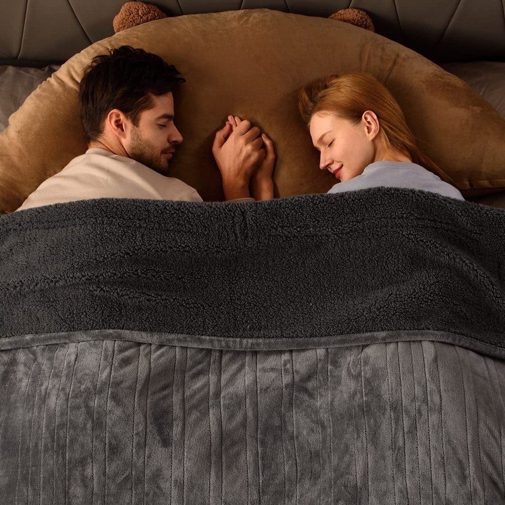 Bearhug Electric Blanket Queen Size 84" x 90", Dual Controllers Grey Heated Blanket, Velvet & Sherpa, 10-Heating Level & 1-12H Auto Off, Over-Heat Protect, ETL, Machine Washable