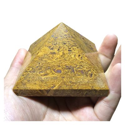 TYZK Meditation Orgone Pyramid Crystals Natural Golden Jade Pyramid Ornament Golden Jade Stone Original Stone with Base Home Decor (Color : 5cm)
