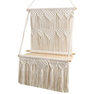 DUO ER Macrame Wall Hanging Planter Basket Wooden Shelf Handmade Woven Boho Style Planter Hanger Tapestry for Farmhouse Dorm Room Decor