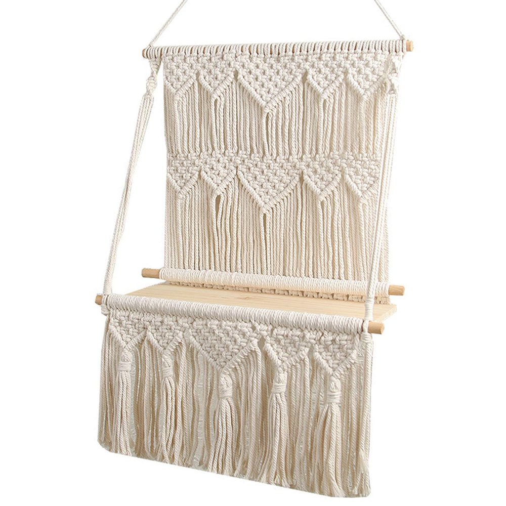 DUO ER Macrame Wall Hanging Planter Basket Wooden Shelf Handmade Woven Boho Style Planter Hanger Tapestry for Farmhouse Dorm Room Decor