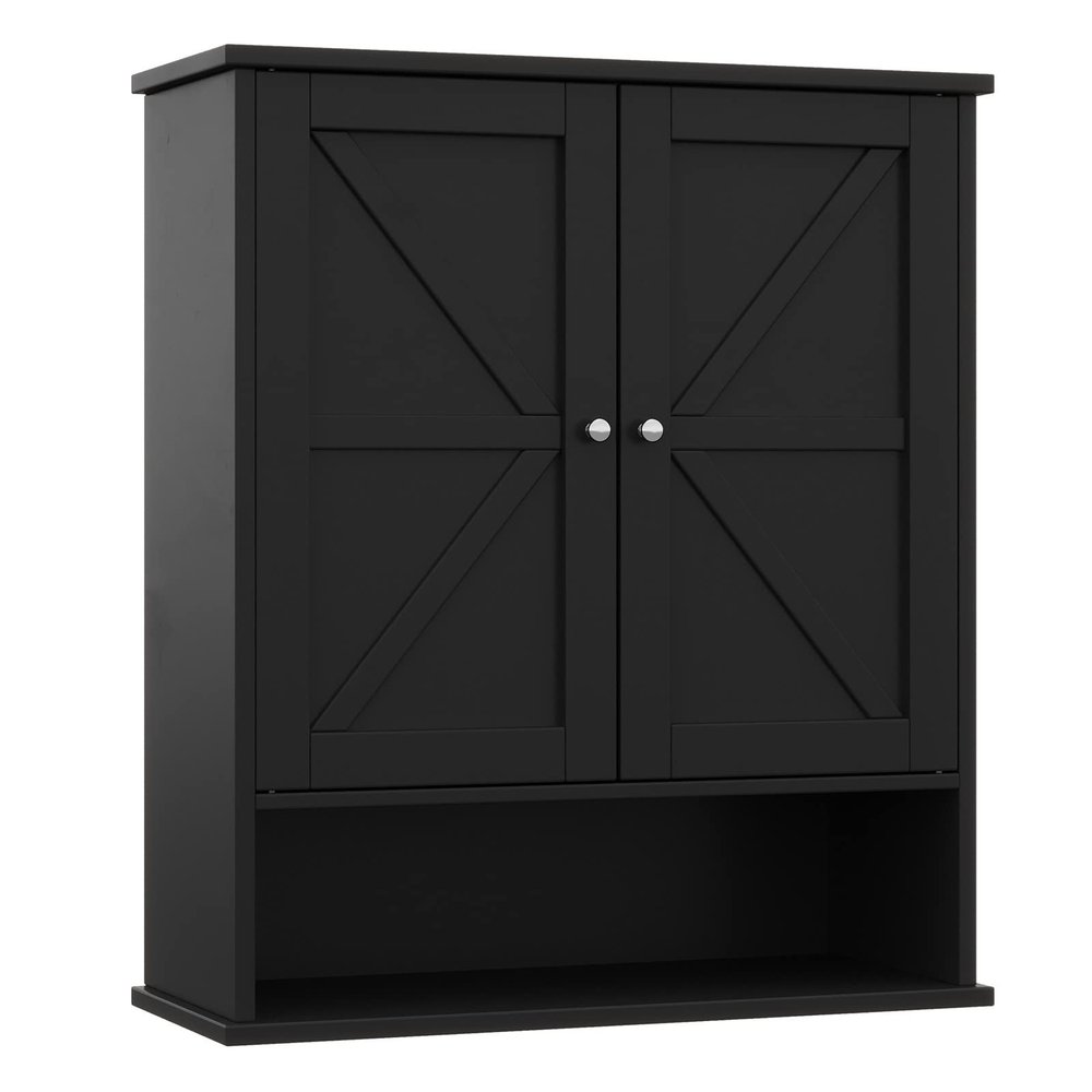 Reettic 23.6x27.6 inch Farmhouse Medicine Cabinet with 2 Barn Doors, Large Bathroom Cabinet Wall Mount with Adjustable Shelf, Over The Toilet Storage for Bathroom, Living Room, Kitchen, Black BMGZ103B