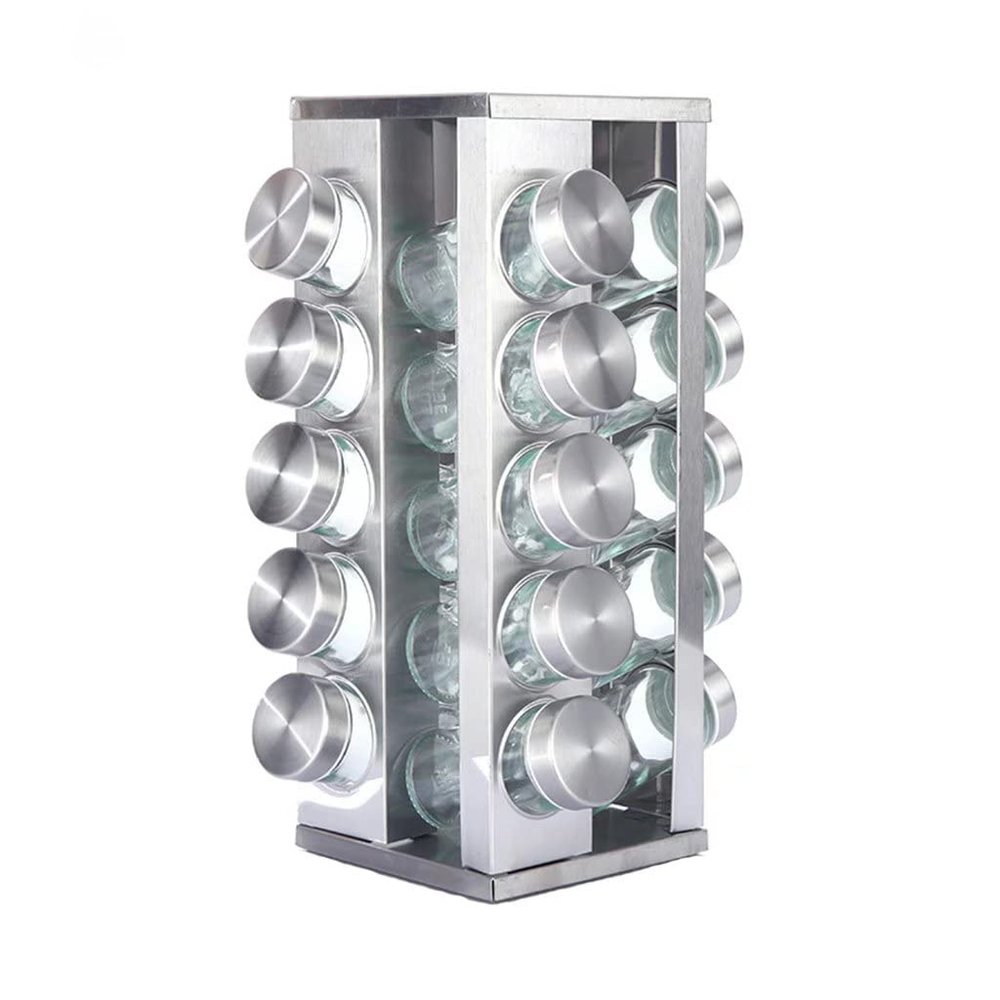 Square Spice Rack, 20 Spice Jars, Spice Rack can be rotated 360, Spice jar with lid, 20 88ml Glass Spice Jars (17 * 17 * 34cm)