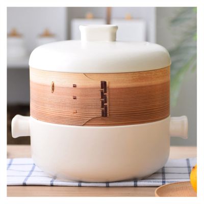 1.5L Japanese Style Ceramic Casserole Clay Pot, With Steam Insert, Stovetop Stew Pot Soup Pot, Hot Pot with Lid, Double-Decker Steamer Casserole Dish (Color : White)