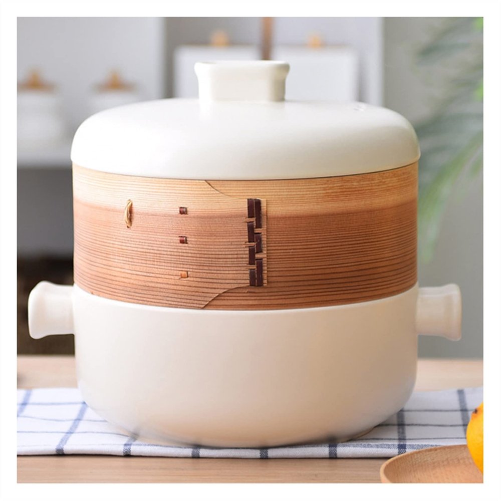 1.5L Japanese Style Ceramic Casserole Clay Pot, With Steam Insert, Stovetop Stew Pot Soup Pot, Hot Pot with Lid, Double-Decker Steamer Casserole Dish (Color : White)