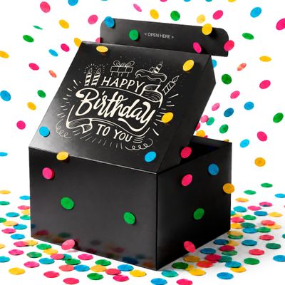 FETTIPOP Gift Box Surprise Exploding Confetti Kit (Black Premium) Happy Birthday, Prank Pop Up 7.2x5.5x4.3 in.