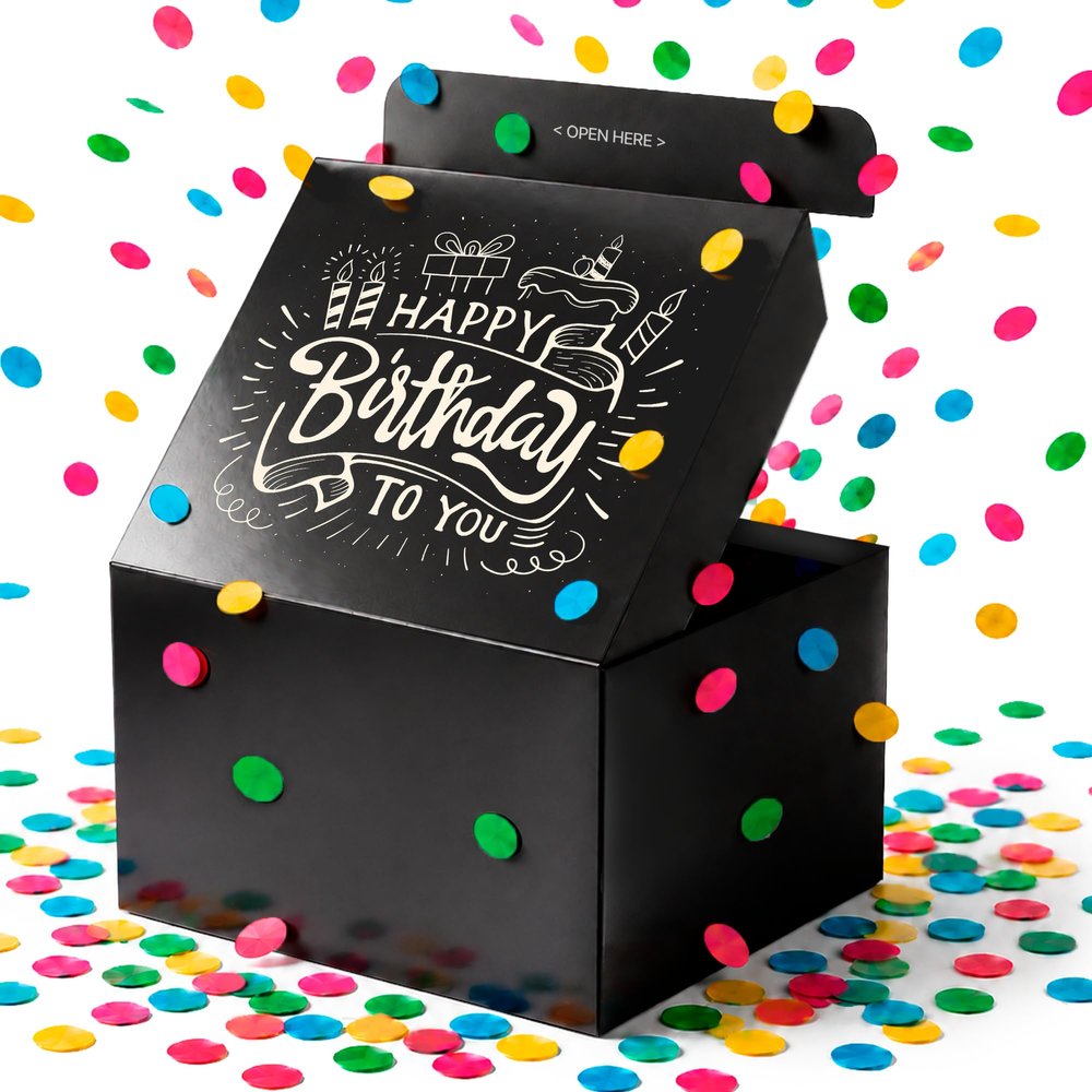 FETTIPOP Gift Box Surprise Exploding Confetti Kit (Black Premium) Happy Birthday, Prank Pop Up 7.2x5.5x4.3 in.