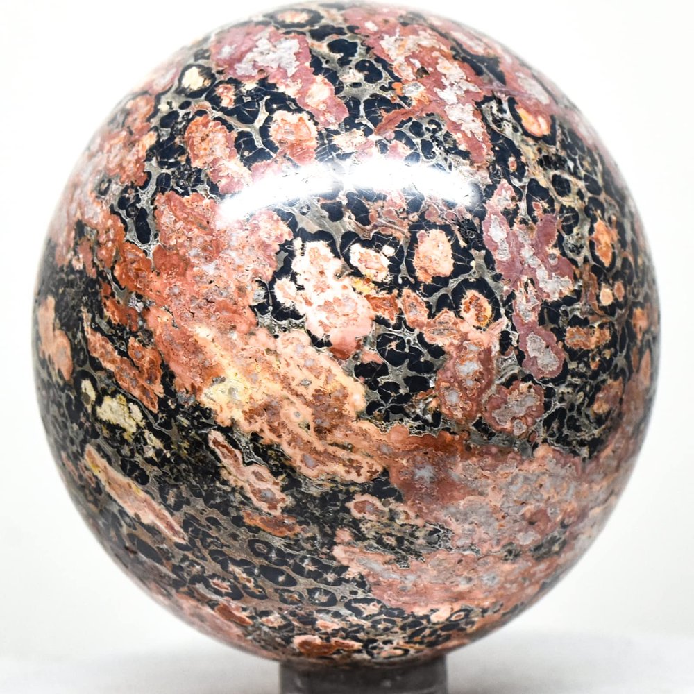 2.3" 240g Orange Black Orbicular Orbs Ryolite Sphere Polished Natural Leopard Skin Conglomerate Jasper Gemstone Crystal Mineral Ball - Madagascar + Stand