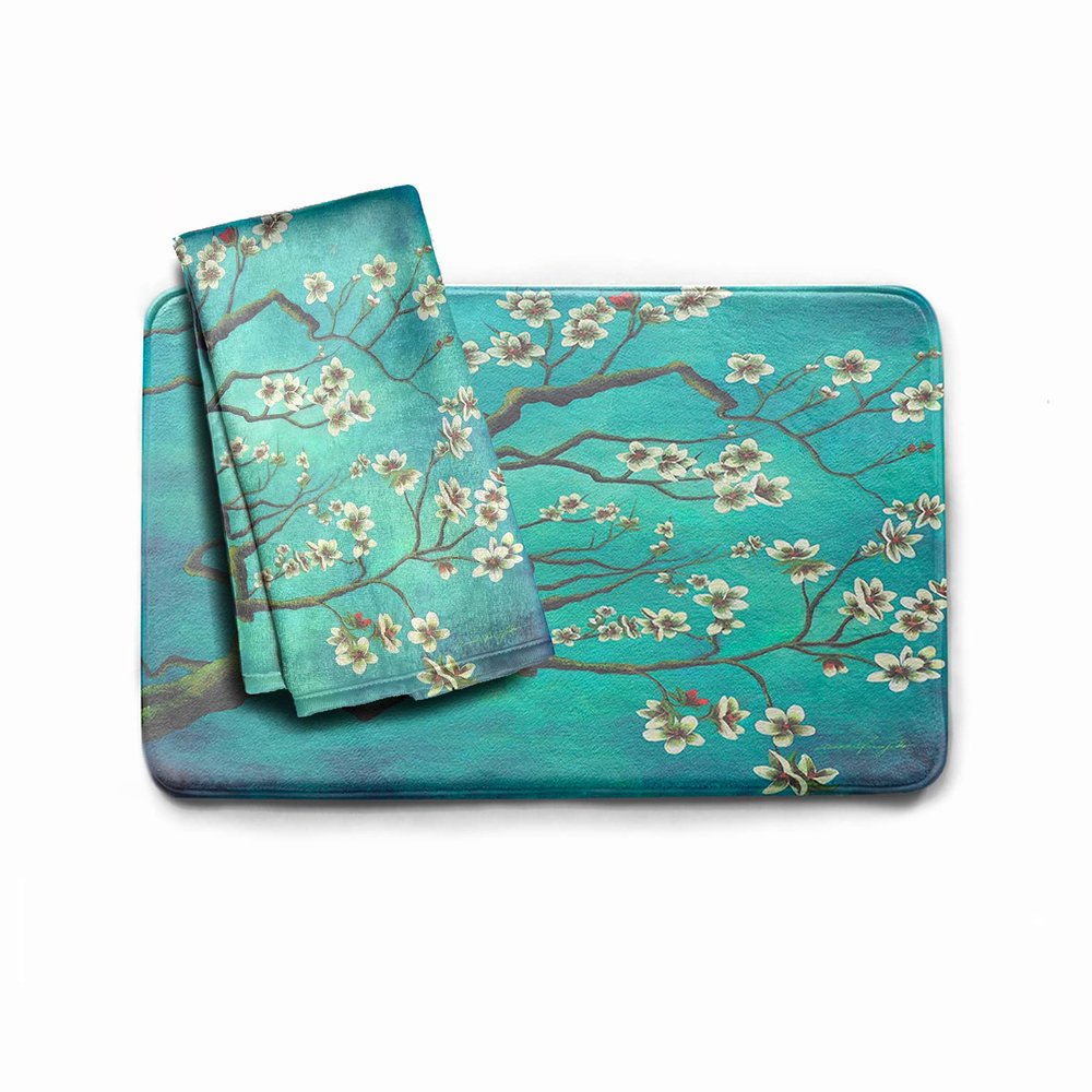 Almond Tree Bathroom Mat & Hand Towel (2-Piece Set) - Fine Art Print Bathroom Floor Mats - Micro Fiber (Teal) Decorative Bath Set -Soft Flannel Top & Memory Foam Machine Washable Bath Mat Set