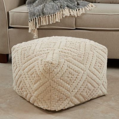 Unknown1 Cotton Floor Pouf with Handloom Design Tan Textured Modern Contemporary Removable Cover