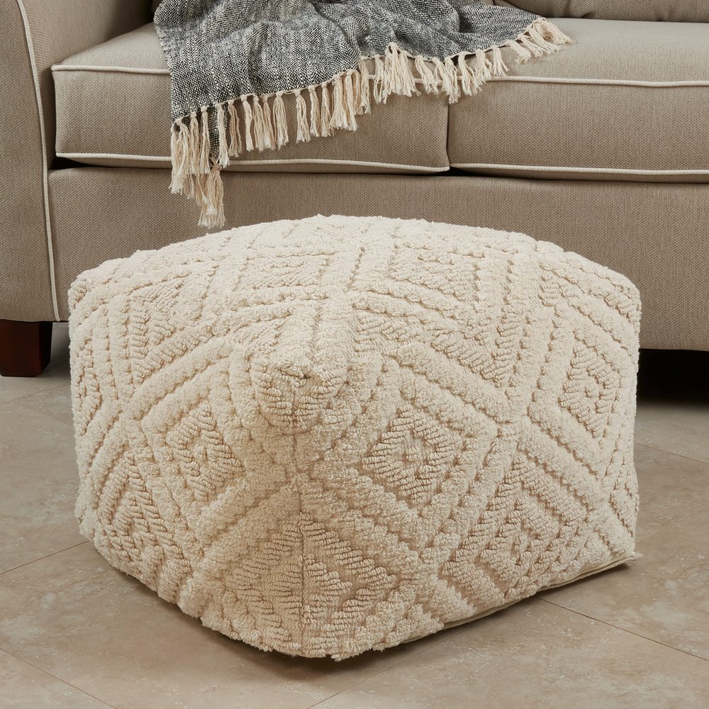 Unknown1 Cotton Floor Pouf with Handloom Design Tan Textured Modern Contemporary Removable Cover