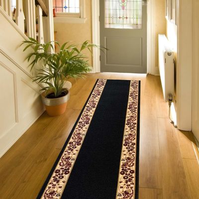 Custom Size Flower Bordered Design Black Gold Color Rubber Backed Non-Slip Hallway Stair Runner Rug Carpet 31 Inch Wide by Your Length 31in x 31ft