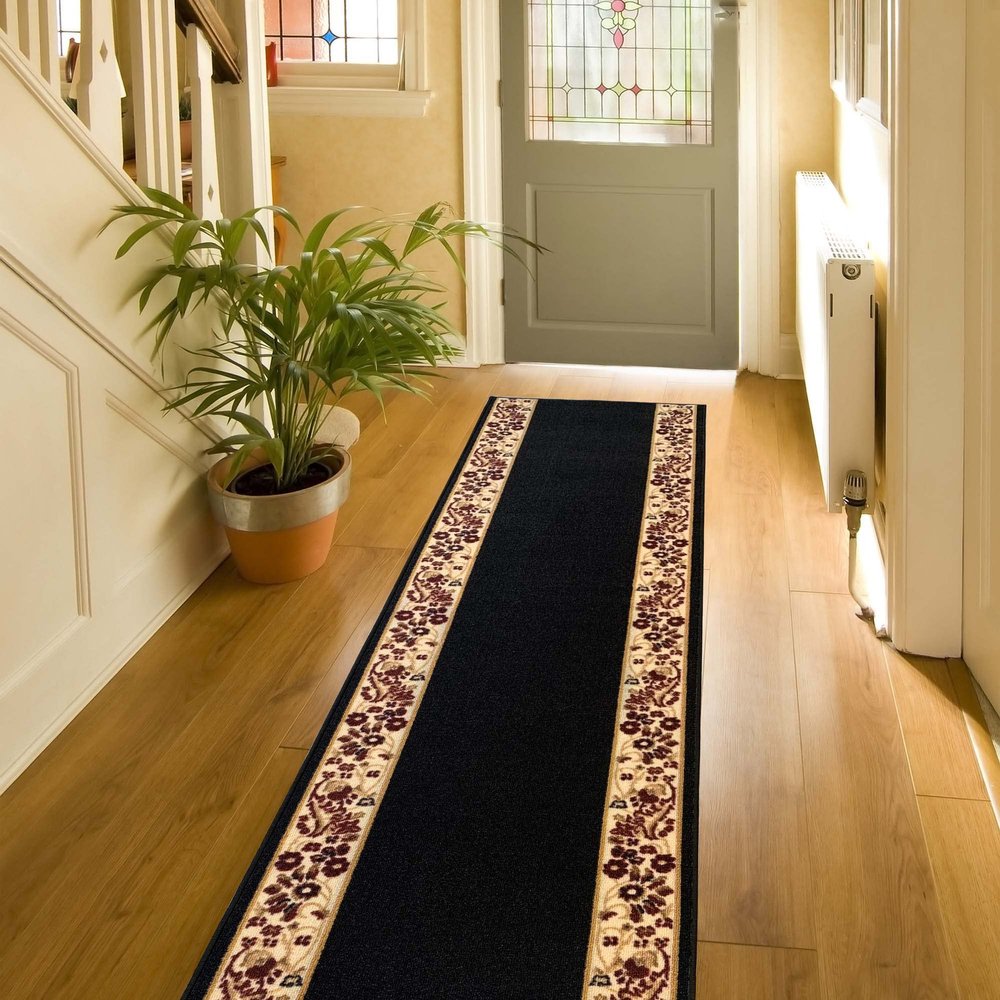 Custom Size Flower Bordered Design Black Gold Color Rubber Backed Non-Slip Hallway Stair Runner Rug Carpet 31 Inch Wide by Your Length 31in x 31ft