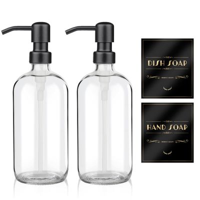 ARKTEK 2 Pack Refillable Glass Soap Dispenser - Rust Proof Stainless Steel Pump, 17 Oz/ 500 ML, Black