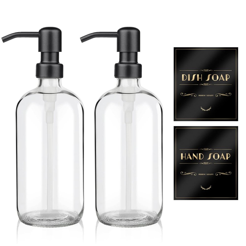 ARKTEK 2 Pack Refillable Glass Soap Dispenser - Rust Proof Stainless Steel Pump, 17 Oz/ 500 ML, Black