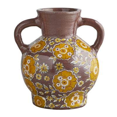 47th & Main Glazed Terracotta Vase, Short, Colorful Floral, 2-Handled
