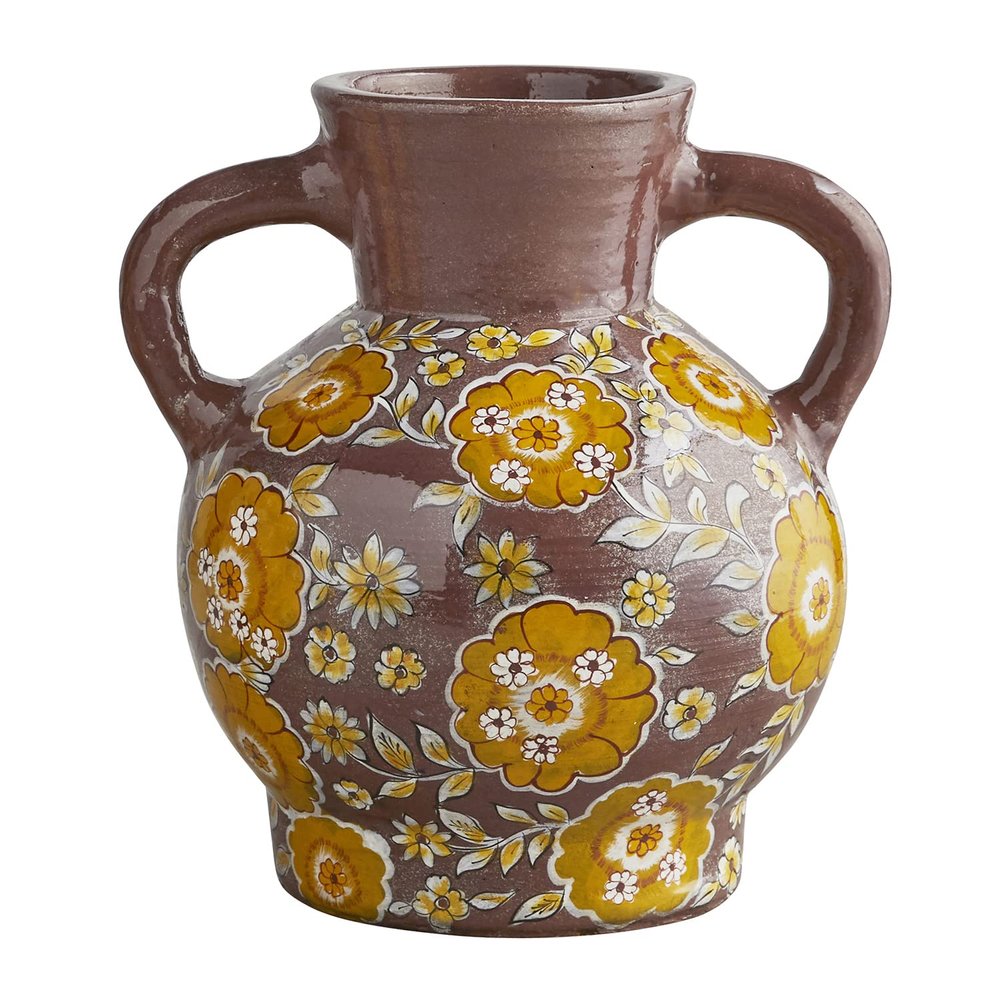 47th & Main Glazed Terracotta Vase, Short, Colorful Floral, 2-Handled